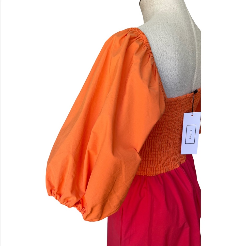 NWT Rhode Eloise Puff Sleeve Colorblocked Midi Dress in Clementine Multi - Picture 9 of 12